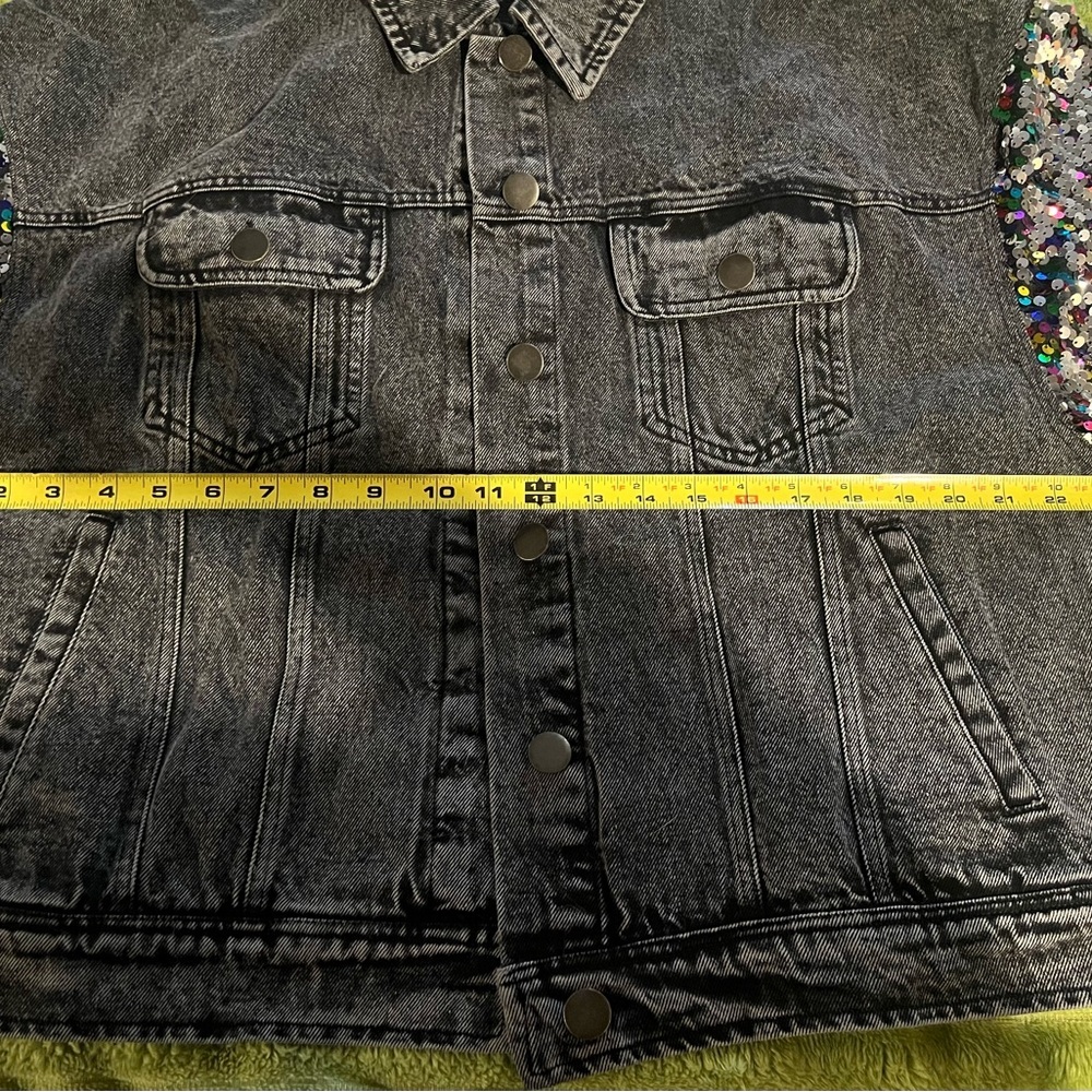 Flying Tomato Sequin Sleeve Denim Jacket Black L New Glam Festival - Picture 10 of 13
